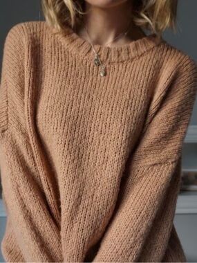 Aerie Chunky Knit Oversized Crewneck Sweater in Camel